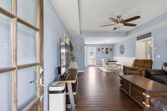 1014 Gill Hodges Rd, Portland, TN 37148 - living room with a ceiling fan, dark wood finished floors, a raised ceiling, and baseboards