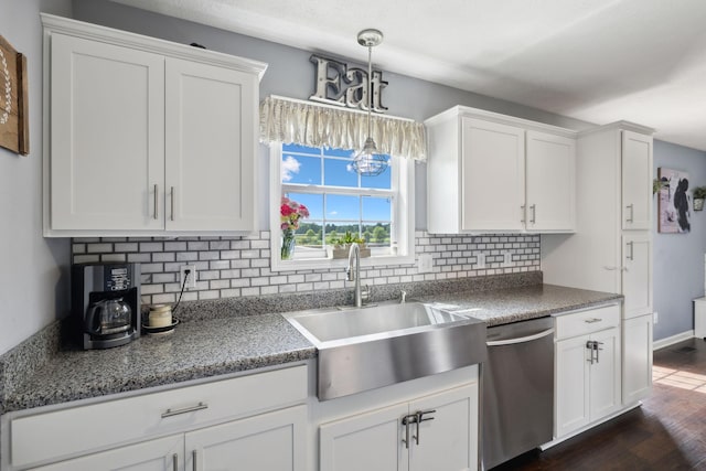 1014 Gill Hodges Rd, Portland, TN 37148 - kitchen featuring dishwasher, a sink, tasteful backsplash, white cabinetry, and pendant lighting