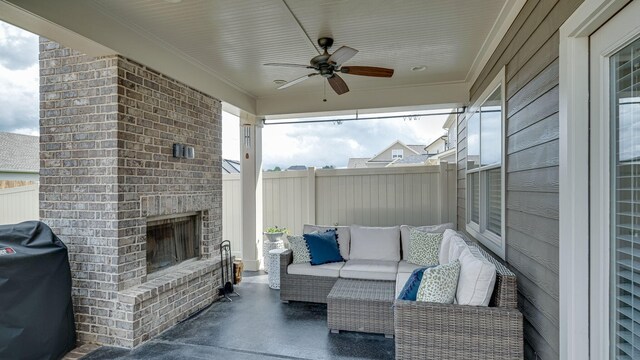 4724 Kingdom Dr, Murfreesboro, TN 37128 - fenced backyard featuring an outdoor living space with a fireplace, a patio, a ceiling fan, and a grill