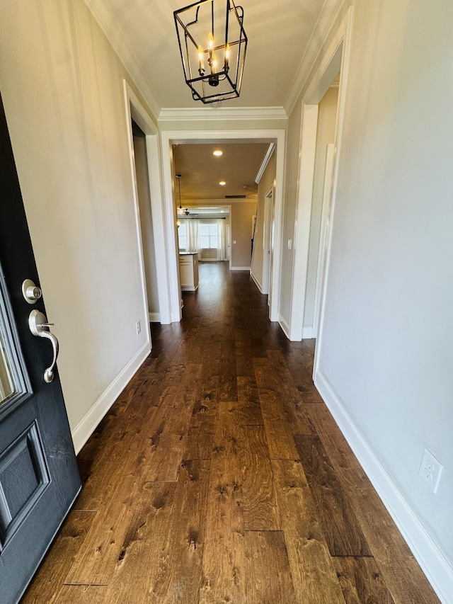 4724 Kingdom Dr, Murfreesboro, TN 37128 - hall featuring crown molding, a chandelier, and dark wood-type flooring