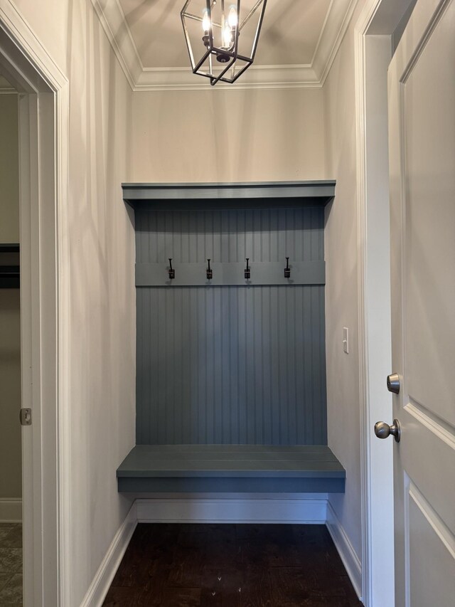 4724 Kingdom Dr, Murfreesboro, TN 37128 - mudroom with crown molding, a chandelier, and wood finished floors