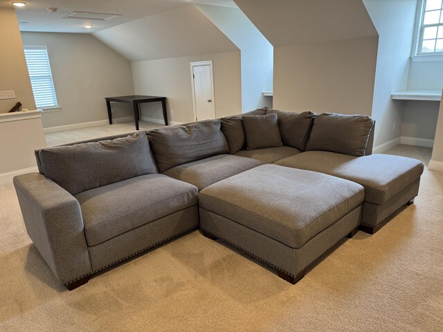 4724 Kingdom Dr, Murfreesboro, TN 37128 - living room featuring light carpet and vaulted ceiling