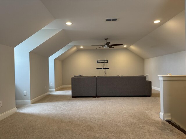 4724 Kingdom Dr, Murfreesboro, TN 37128 - home theater room with light carpet, vaulted ceiling, recessed lighting, and ceiling fan