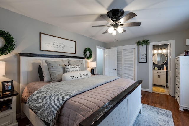 111 Proffitt St, Carthage, TN 37030 - bedroom featuring dark wood-type flooring, ensuite bathroom, ceiling fan, and a closet