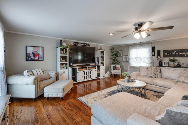 111 Proffitt St, Carthage, TN 37030 - living area featuring ceiling fan, wood finished floors, and ornamental molding