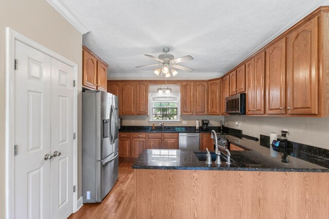 134 Blackberry Ln, Murfreesboro, TN 37130 - kitchen featuring appliances with stainless steel finishes, a sink, a peninsula, a ceiling fan, and dark stone countertops