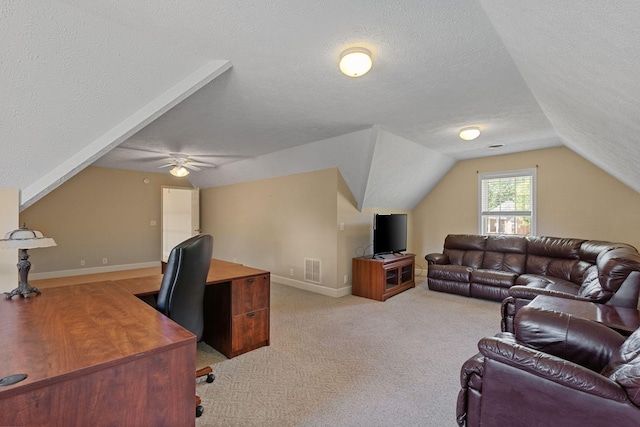 134 Blackberry Ln, Murfreesboro, TN 37130 - office area with lofted ceiling, a textured ceiling, a ceiling fan, baseboards, and light carpet
