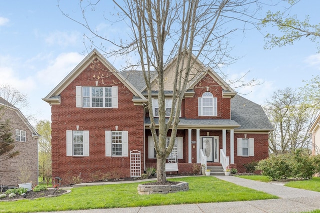 1505 Charleston Park Dr, Spring Hill, TN 37174 - view of front facade featuring brick siding, a front yard, covered porch, and roof with shingles