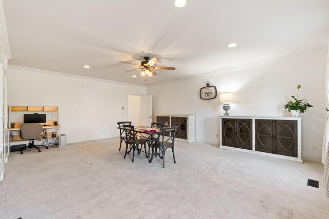 1505 Charleston Park Dr, Spring Hill, TN 37174 - carpeted dining space with ornamental molding, an office area, a ceiling fan, recessed lighting, and a fireplace