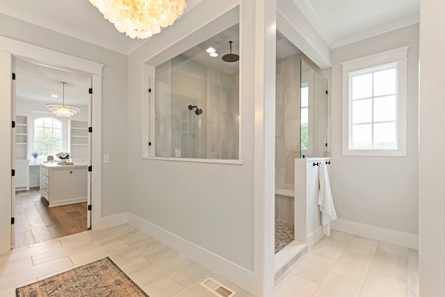 4617 Delta Springs Ln, Franklin, TN 37064 - bathroom featuring a chandelier, walk in shower, and baseboards