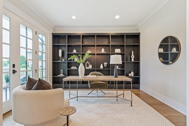 4617 Delta Springs Ln, Franklin, TN 37064 - living area with ornamental molding, baseboards, wood finished floors, a desk, and recessed lighting
