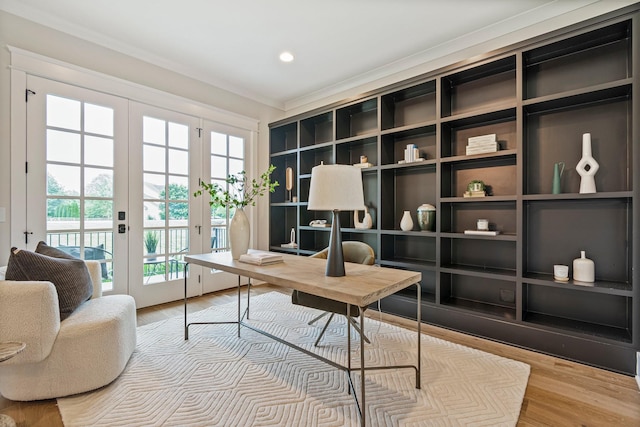4617 Delta Springs Ln, Franklin, TN 37064 - office with crown molding, french doors, wood finished floors, and recessed lighting