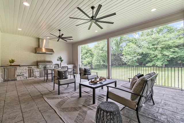 4617 Delta Springs Ln, Franklin, TN 37064 - view of patio / terrace featuring area for grilling, an outdoor hangout area, grilling area, ceiling fan, and view of scattered trees