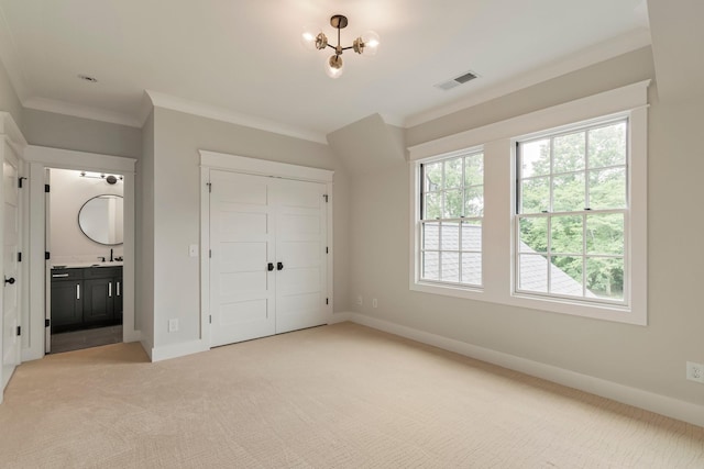 4617 Delta Springs Ln, Franklin, TN 37064 - unfurnished bedroom with light carpet, baseboards, ornamental molding, a closet, and a sink