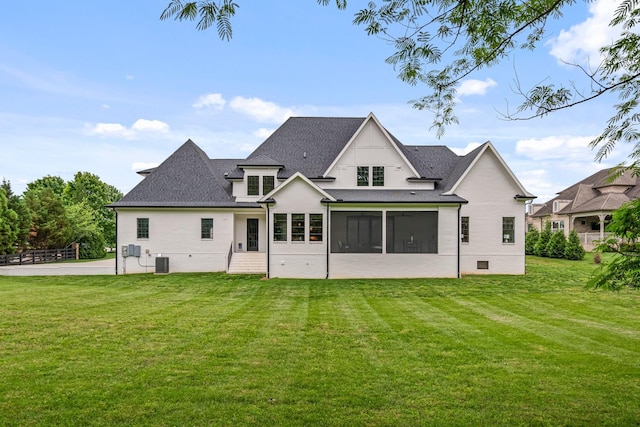 4617 Delta Springs Ln, Franklin, TN 37064 - back of property with a sunroom, a yard, cooling unit, roof with shingles, and crawl space