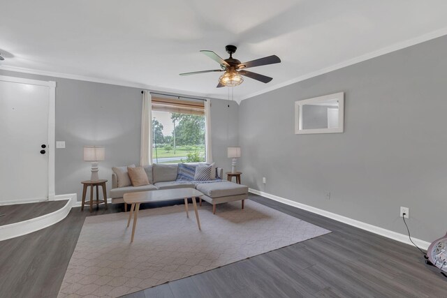1301 Neelys Bend Rd Unit A10, Madison, TN 37115 - living area featuring a ceiling fan, ornamental molding, dark wood-style floors, and baseboards