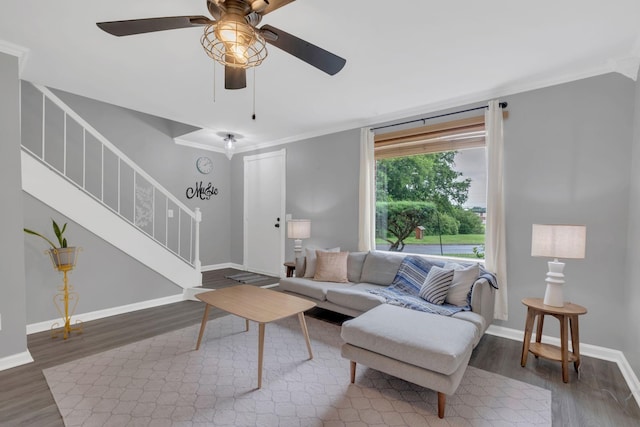 1301 Neelys Bend Rd Unit A10, Madison, TN 37115 - living room with stairway, ornamental molding, wood finished floors, a ceiling fan, and baseboards