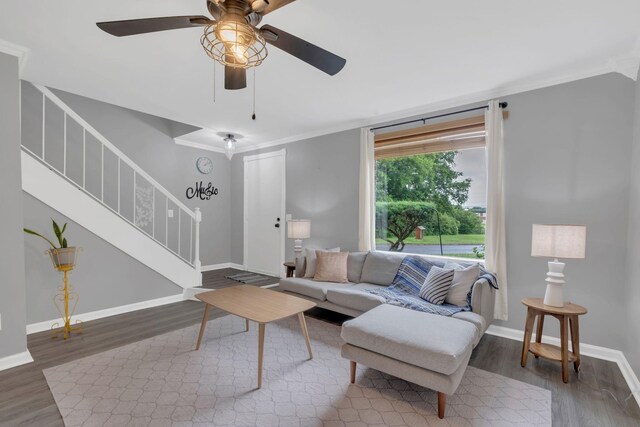1301 Neelys Bend Rd Unit A10, Madison, TN 37115 - living room with stairway, ornamental molding, wood finished floors, a ceiling fan, and baseboards
