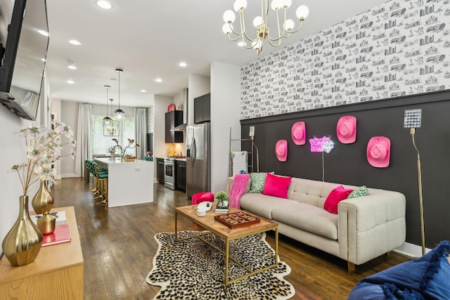 2910 Felicia St Unit 18, Nashville, TN 37209 - living room with dark wood finished floors, baseboards, recessed lighting, a chandelier, and an accent wall