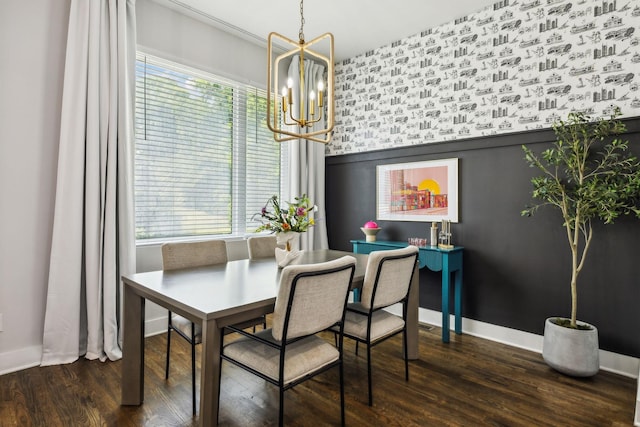 2910 Felicia St Unit 18, Nashville, TN 37209 - dining space with a chandelier, wood finished floors, wallpapered walls, baseboards, and an accent wall
