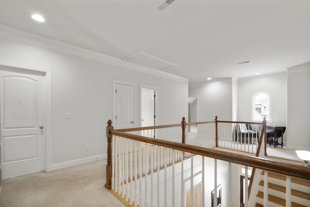 4019 Fremantle Cir, Spring Hill, TN 37174 - hall featuring attic access, crown molding, an upstairs landing, light colored carpet, and baseboards