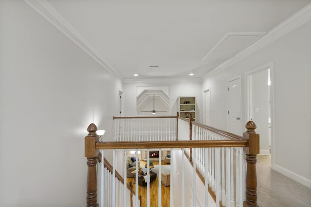 4019 Fremantle Cir, Spring Hill, TN 37174 - corridor with an upstairs landing, attic access, ornamental molding, baseboards, and recessed lighting