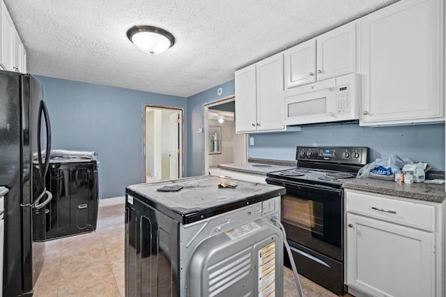 119 Wynns Ferry Rd, Dover, TN 37058 - kitchen with black appliances, white cabinets, a textured ceiling, dark countertops, and light tile patterned floors