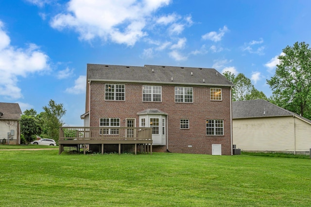408 Jordan Leigh Ct, Joelton, TN 37080 - back of property featuring a lawn, a wooden deck, brick siding, and cooling unit