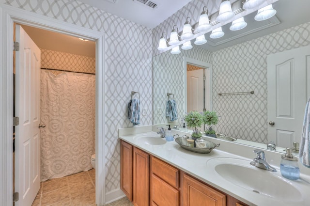 236 Danoher Walk, Murfreesboro, TN 37128 - full bath featuring wallpapered walls, tile patterned flooring, toilet, double vanity, and a shower with curtain