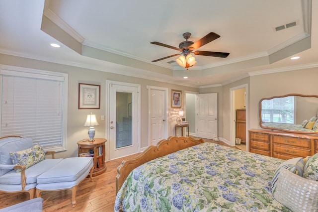 236 Danoher Walk, Murfreesboro, TN 37128 - bedroom featuring a raised ceiling, light wood finished floors, recessed lighting, ornamental molding, and ceiling fan
