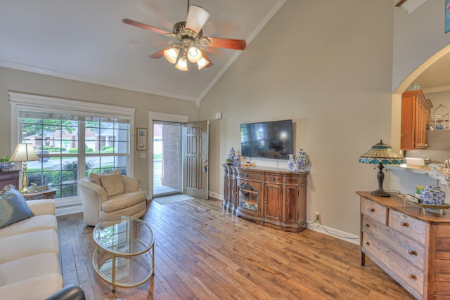236 Danoher Walk, Murfreesboro, TN 37128 - living room with a ceiling fan, light wood-style flooring, arched walkways, crown molding, and baseboards