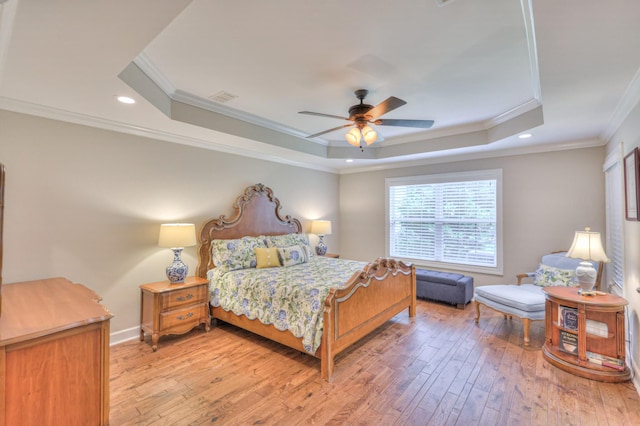 236 Danoher Walk, Murfreesboro, TN 37128 - bedroom with a tray ceiling, light wood-style flooring, ornamental molding, recessed lighting, and ceiling fan