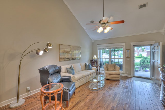 236 Danoher Walk, Murfreesboro, TN 37128 - living room featuring ornamental molding, baseboards, a ceiling fan, wood finished floors, and high vaulted ceiling
