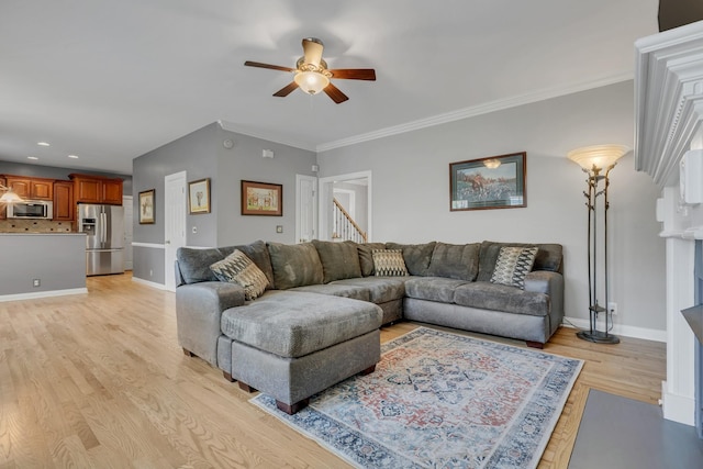 308 Stanley Park Ln, Franklin, TN 37069 - living room with a ceiling fan, light wood-type flooring, baseboards, recessed lighting, and crown molding