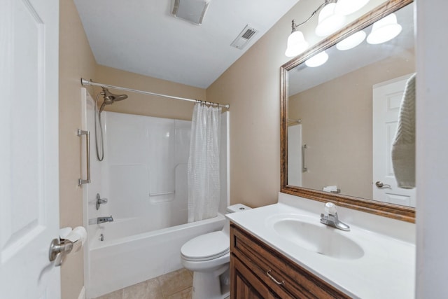 full bath featuring vanity, toilet, shower / bath combo, and tile patterned flooring