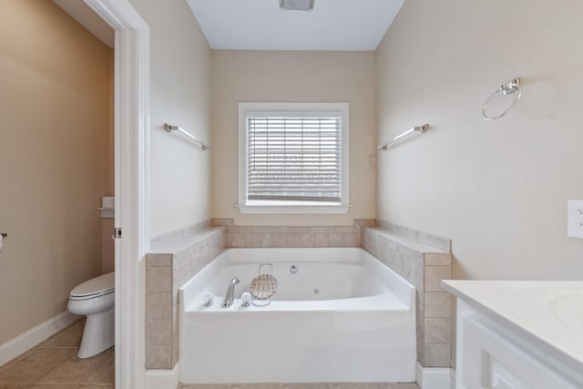 bathroom featuring a bath, toilet, tile patterned flooring, and vanity