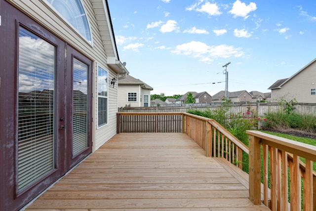 deck with a fenced backyard and a residential view