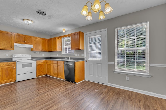 1514 Center Pointe Dr, Murfreesboro, TN 37130 - kitchen featuring white range with electric stovetop, under cabinet range hood, dishwasher, a chandelier, and wood finished floors