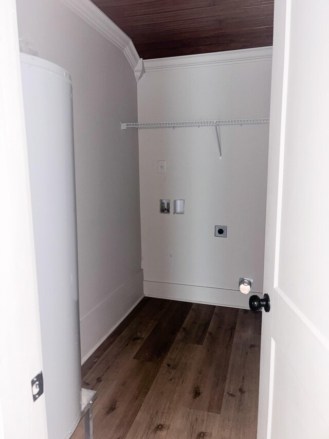 400 Circle Dr, Estill Springs, TN 37330 - clothes washing area with crown molding, water heater, wood finished floors, hookup for a washing machine, and hookup for an electric dryer