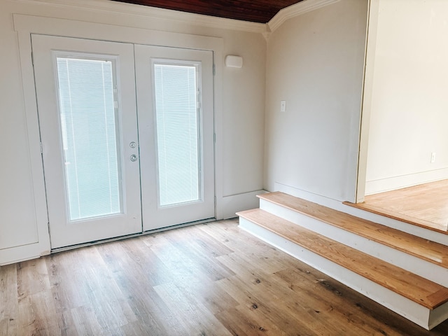 400 Circle Dr, Estill Springs, TN 37330 - doorway to outside with french doors, crown molding, wood finished floors, and stairway