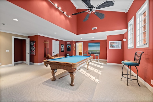 1130 Crater Hill Dr, Nashville, TN 37215 - playroom with billiards, crown molding, carpet flooring, baseboards, and recessed lighting
