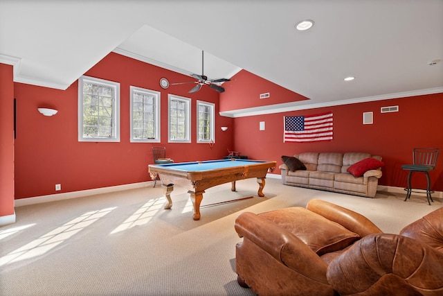 1130 Crater Hill Dr, Nashville, TN 37215 - playroom featuring carpet flooring, baseboards, billiards table, crown molding, and a ceiling fan