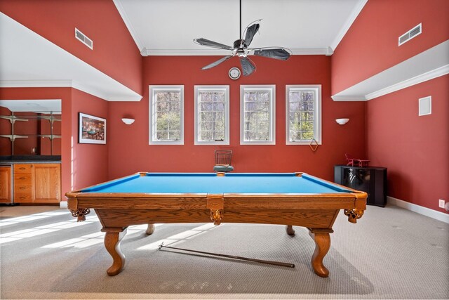 1130 Crater Hill Dr, Nashville, TN 37215 - playroom featuring crown molding, carpet floors, billiards, a ceiling fan, and baseboards