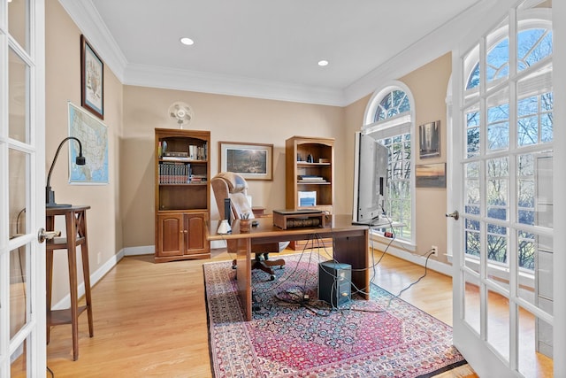 1130 Crater Hill Dr, Nashville, TN 37215 - office space with ornamental molding, baseboards, light wood-style floors, french doors, and recessed lighting