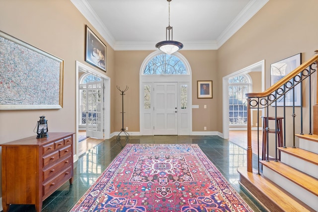 1130 Crater Hill Dr, Nashville, TN 37215 - entryway featuring stairs, ornamental molding, baseboards, and a high ceiling