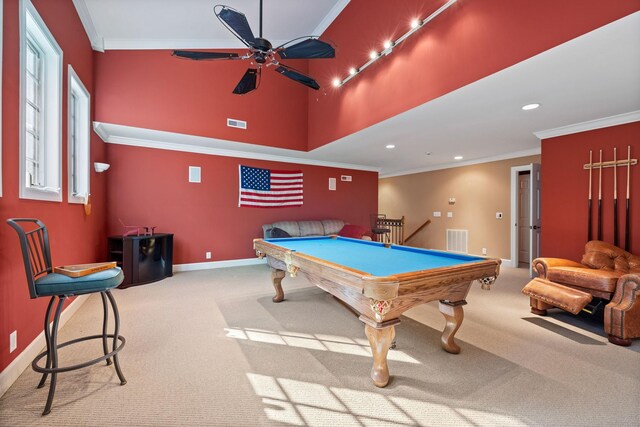 1130 Crater Hill Dr, Nashville, TN 37215 - playroom with billiards table, carpet floors, ornamental molding, ceiling fan, and baseboards