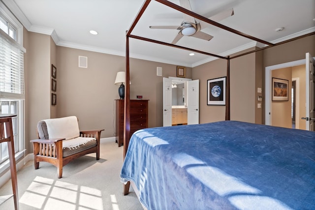 1130 Crater Hill Dr, Nashville, TN 37215 - bedroom with ornamental molding, light carpet, baseboards, ensuite bathroom, and recessed lighting