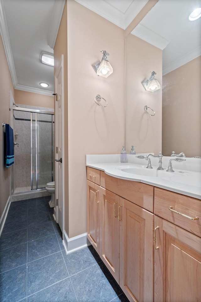 1130 Crater Hill Dr, Nashville, TN 37215 - full bath with baseboards, a shower stall, vanity, toilet, and ornamental molding