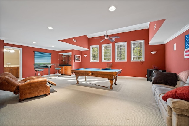 1130 Crater Hill Dr, Nashville, TN 37215 - recreation room featuring carpet, ornamental molding, billiards table, baseboards, and recessed lighting
