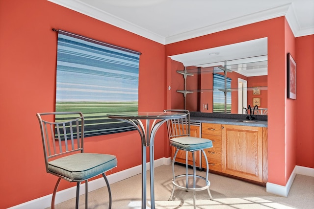 1130 Crater Hill Dr, Nashville, TN 37215 - indoor wet bar with baseboards, ornamental molding, and light colored carpet